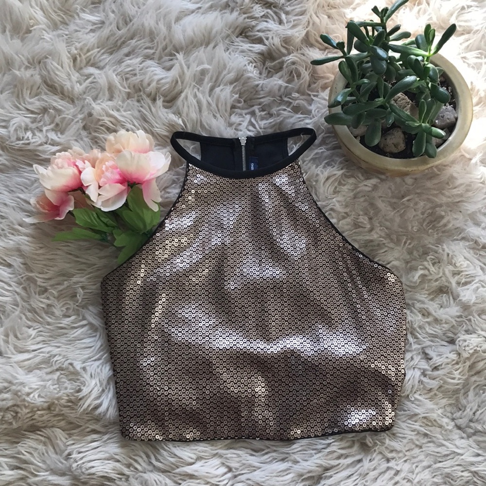 Gold sequin high neck, back zipper tank